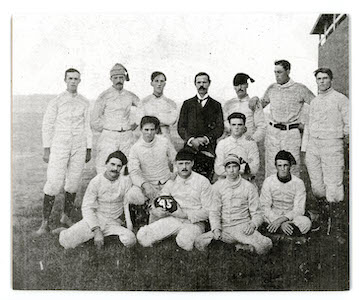 Black and white photos of the university's first football team.