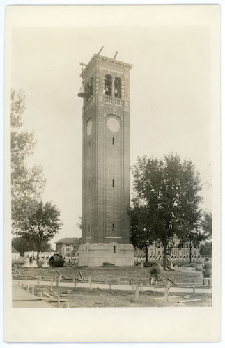 Black and white photo of the building of the Campanile.