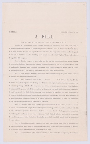 Photo copy of the bill that established the State Normal School.